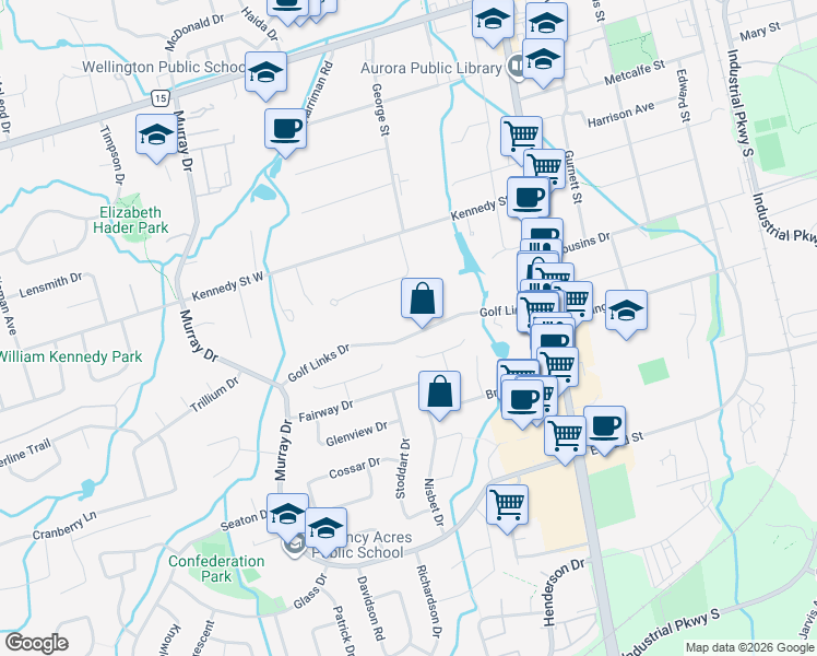 map of restaurants, bars, coffee shops, grocery stores, and more near 62 Golf Links Drive in Aurora