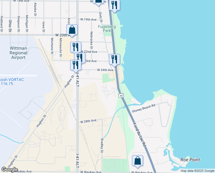 map of restaurants, bars, coffee shops, grocery stores, and more near 2421 Doty Street in Oshkosh