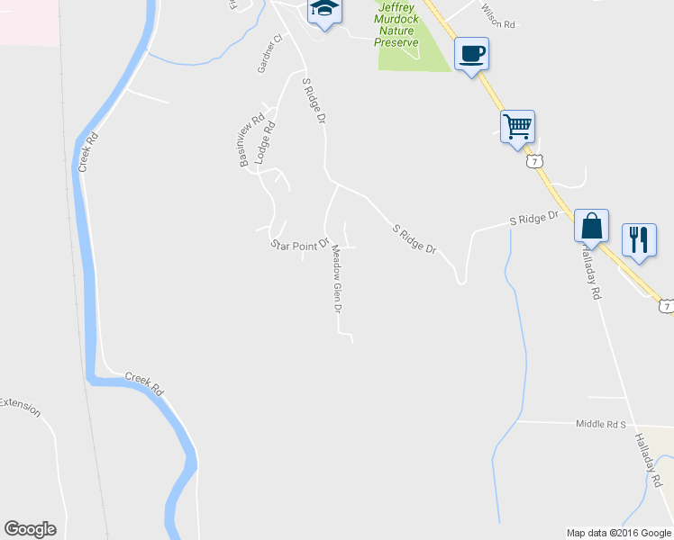 map of restaurants, bars, coffee shops, grocery stores, and more near Meadow Glen Drive in Middlebury