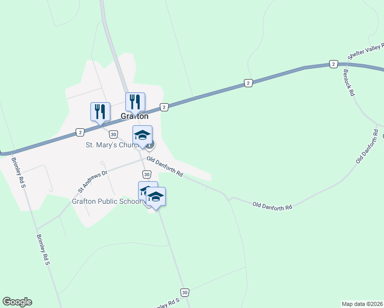 map of restaurants, bars, coffee shops, grocery stores, and more near 226 Old Danforth Road in Grafton