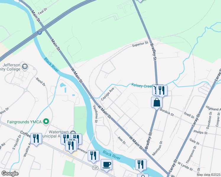 map of restaurants, bars, coffee shops, grocery stores, and more near 621 Cayuga Avenue in Watertown