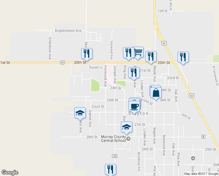 map of restaurants, bars, coffee shops, grocery stores, and more near 2243 24th Street in Slayton