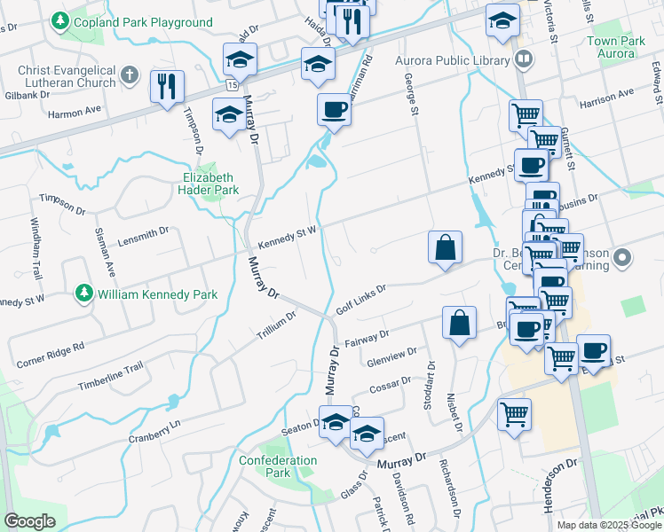 map of restaurants, bars, coffee shops, grocery stores, and more near 165 Kennedy Street West in Aurora
