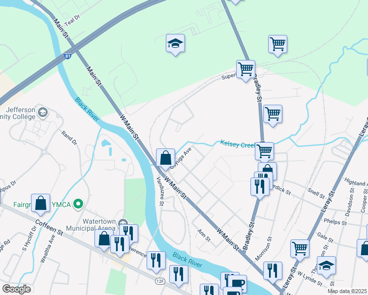 map of restaurants, bars, coffee shops, grocery stores, and more near 621 Cayuga Ave in Watertown