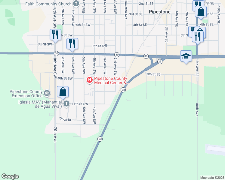 map of restaurants, bars, coffee shops, grocery stores, and more near 203 10th Street Southwest in Pipestone