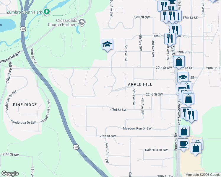 map of restaurants, bars, coffee shops, grocery stores, and more near 2139 Beacon Drive Southwest in Rochester