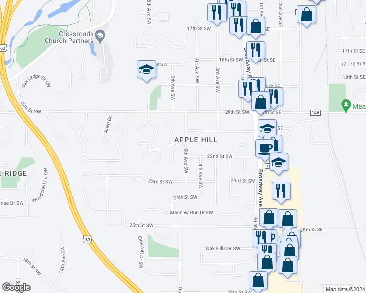 map of restaurants, bars, coffee shops, grocery stores, and more near 2119 5th Avenue Southwest in Rochester