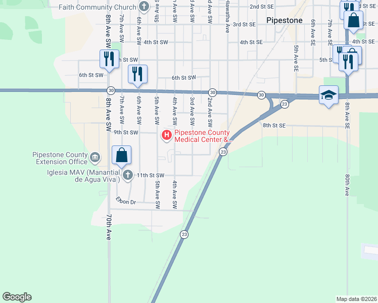 map of restaurants, bars, coffee shops, grocery stores, and more near 305 10th Street Southwest in Pipestone