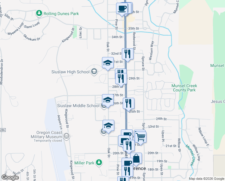 map of restaurants, bars, coffee shops, grocery stores, and more near 17 Oak Street in Florence