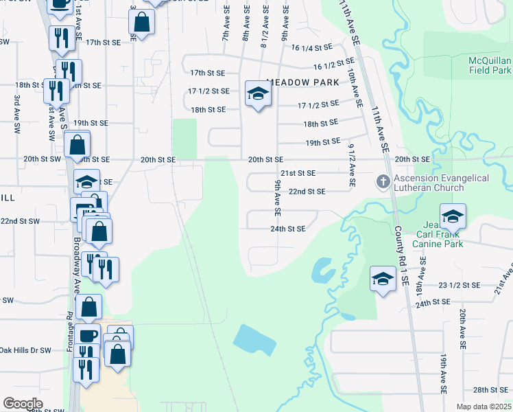 map of restaurants, bars, coffee shops, grocery stores, and more near 823 23rd Street Southeast in Rochester