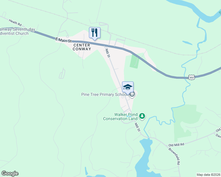 map of restaurants, bars, coffee shops, grocery stores, and more near 150 Mill Street in Conway
