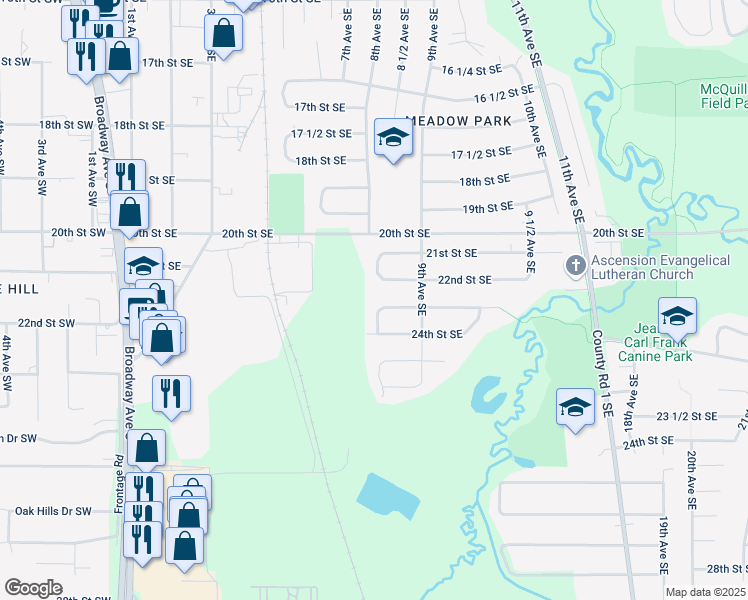 map of restaurants, bars, coffee shops, grocery stores, and more near 823 23rd Street Southeast in Rochester
