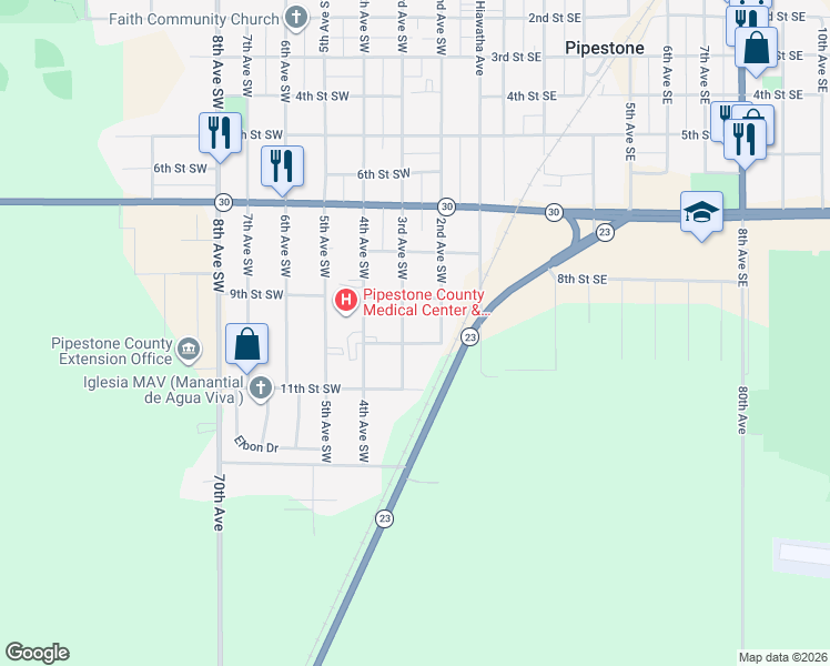 map of restaurants, bars, coffee shops, grocery stores, and more near 203 10th Street Southwest in Pipestone