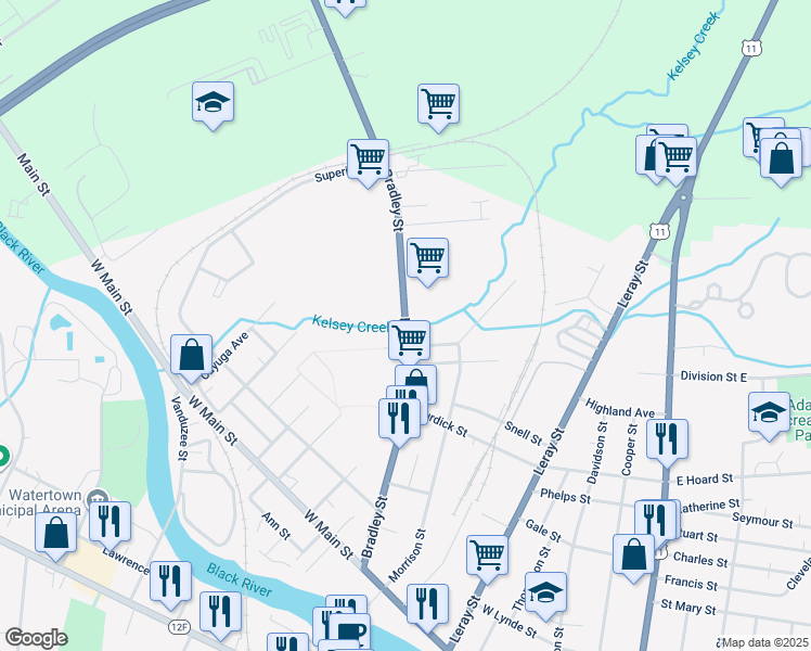 map of restaurants, bars, coffee shops, grocery stores, and more near Bradley Street in Watertown