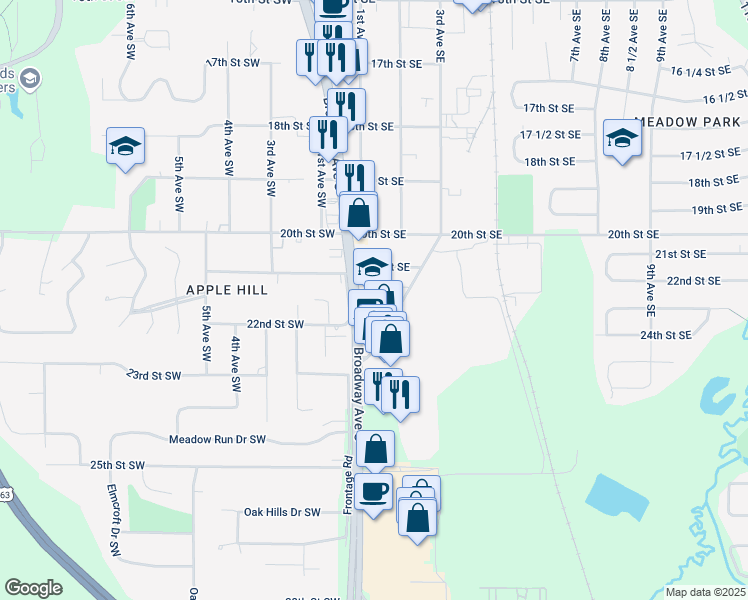 map of restaurants, bars, coffee shops, grocery stores, and more near 2130 Broadway Avenue South in Rochester