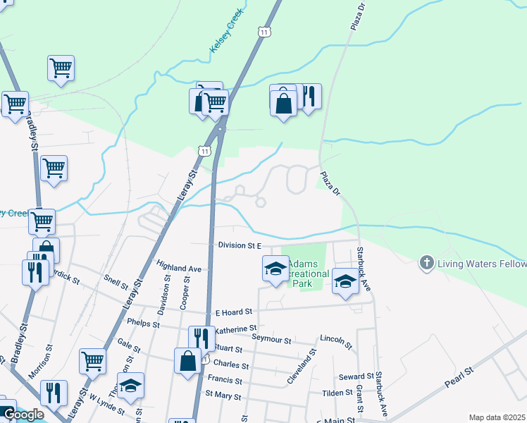 map of restaurants, bars, coffee shops, grocery stores, and more near 110 Creekwood Drive in Watertown