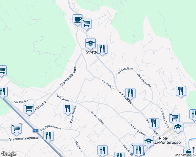 map of restaurants, bars, coffee shops, grocery stores, and more near 111 Via Risciolo in Strettoia
