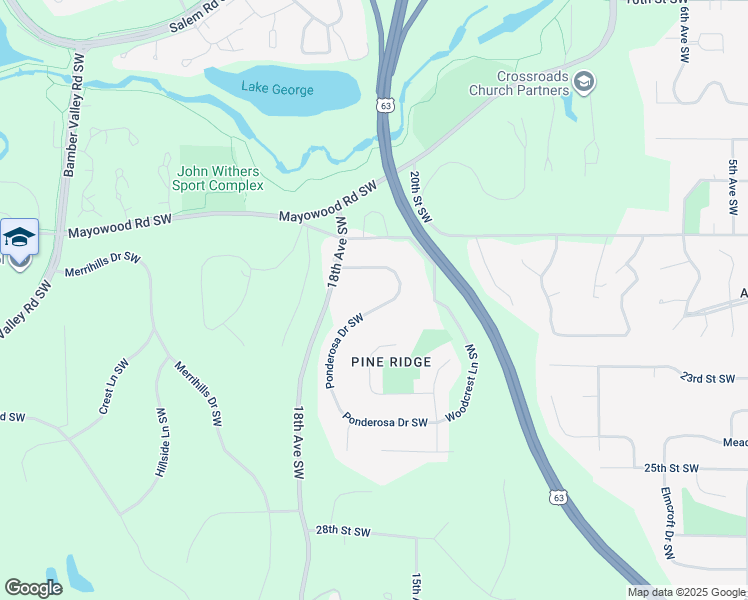 map of restaurants, bars, coffee shops, grocery stores, and more near 2161 Ponderosa Drive Southwest in Rochester