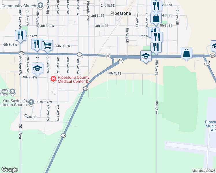 map of restaurants, bars, coffee shops, grocery stores, and more near 903 2nd Avenue Southeast in Pipestone
