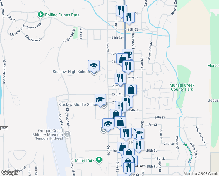 map of restaurants, bars, coffee shops, grocery stores, and more near 17 Oak Street in Florence