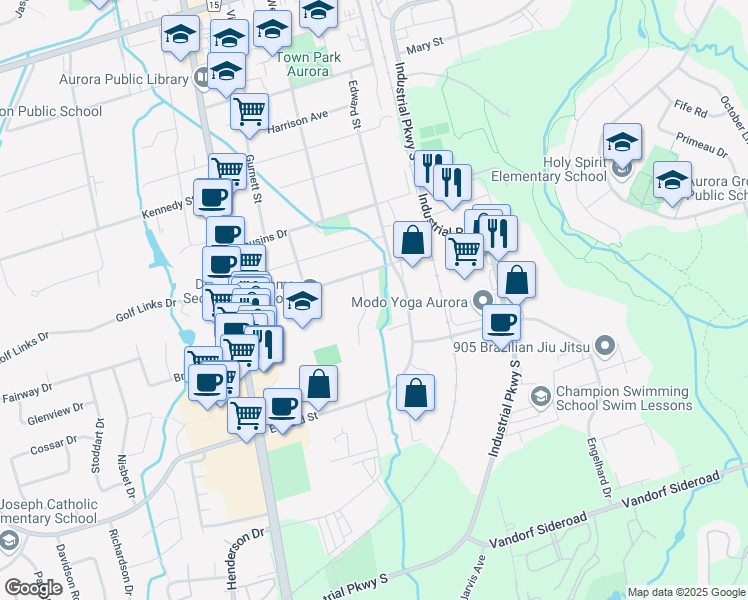 map of restaurants, bars, coffee shops, grocery stores, and more near 9 Wenderly Drive in Aurora