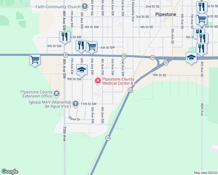 map of restaurants, bars, coffee shops, grocery stores, and more near 305 10th Street Southwest in Pipestone