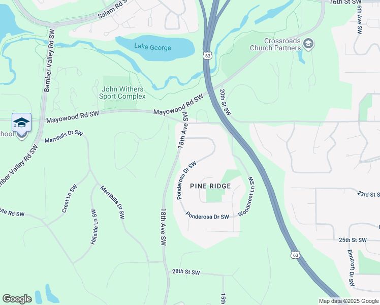 map of restaurants, bars, coffee shops, grocery stores, and more near 2161 Ponderosa Drive Southwest in Rochester