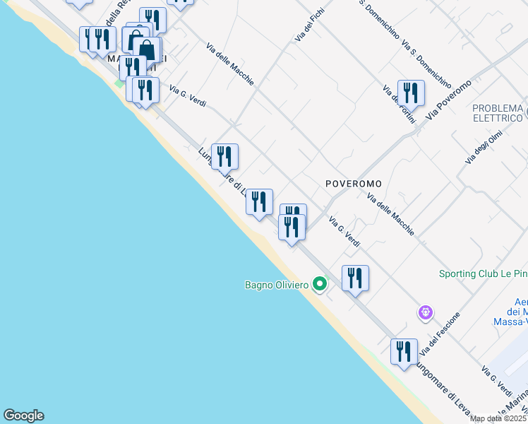 map of restaurants, bars, coffee shops, grocery stores, and more near 138-152 Lungomare di Levante in Massa