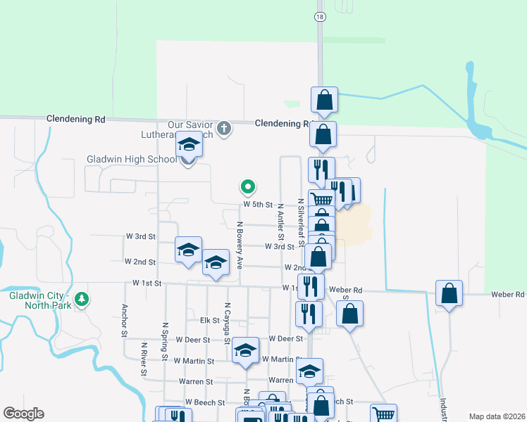 map of restaurants, bars, coffee shops, grocery stores, and more near 308 West 4th Street in Gladwin