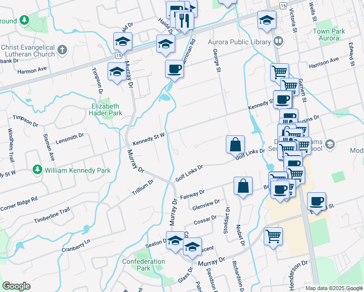 map of restaurants, bars, coffee shops, grocery stores, and more near 145 Kennedy Street West in Aurora