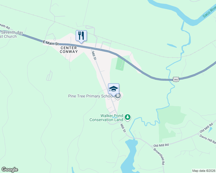 map of restaurants, bars, coffee shops, grocery stores, and more near 181 Mill Street in Conway