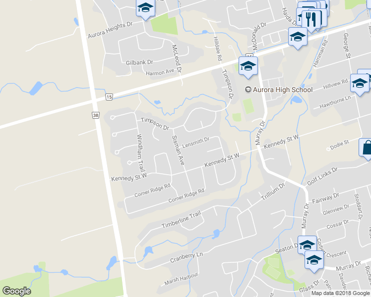 map of restaurants, bars, coffee shops, grocery stores, and more near 94 Lensmith Drive in Aurora