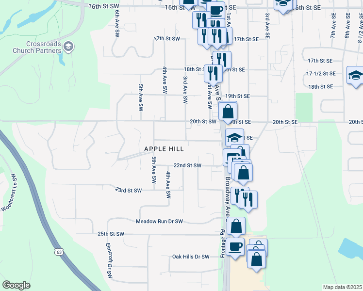 map of restaurants, bars, coffee shops, grocery stores, and more near 300 21st Street Southwest in Rochester