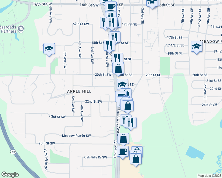 map of restaurants, bars, coffee shops, grocery stores, and more near 71 22nd Street Southwest in Rochester