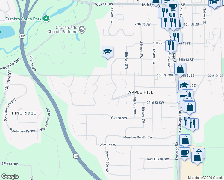 map of restaurants, bars, coffee shops, grocery stores, and more near 2139 Beacon Drive Southwest in Rochester