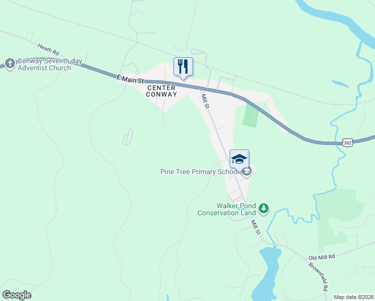 map of restaurants, bars, coffee shops, grocery stores, and more near 80 Mill Street in Conway