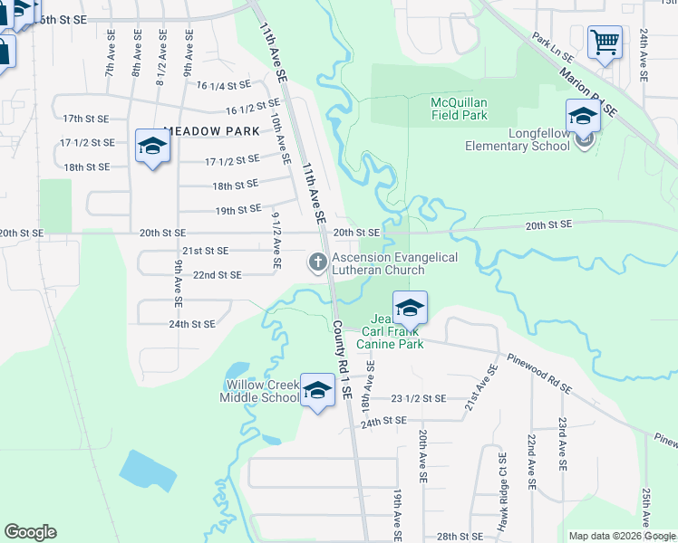 map of restaurants, bars, coffee shops, grocery stores, and more near 2070 11th Avenue Southeast in Rochester