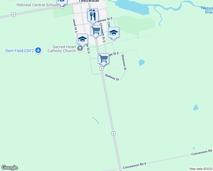 map of restaurants, bars, coffee shops, grocery stores, and more near 79 Clinton Street South in Teeswater