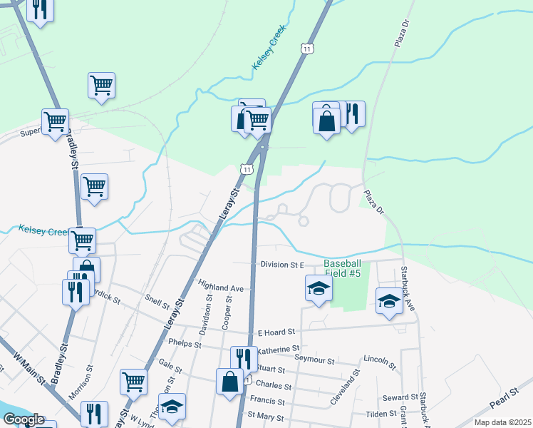 map of restaurants, bars, coffee shops, grocery stores, and more near 950 Mill Street in Watertown