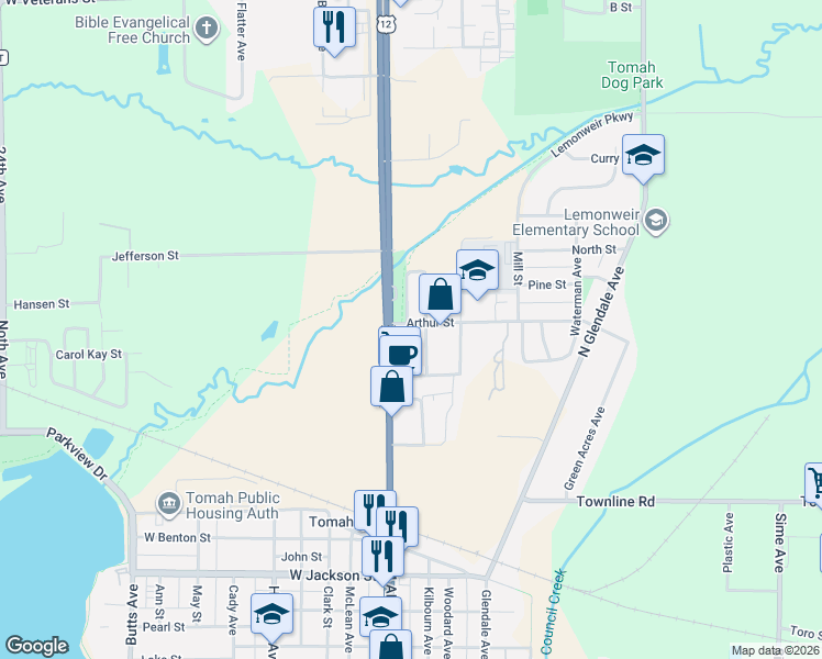 map of restaurants, bars, coffee shops, grocery stores, and more near 114 Arthur Street in Tomah