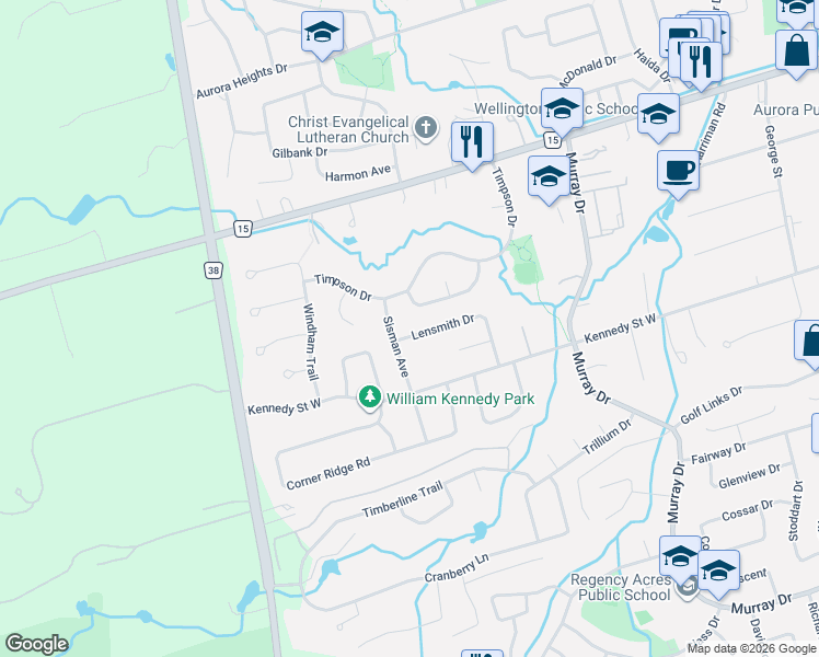 map of restaurants, bars, coffee shops, grocery stores, and more near 95 Lensmith Drive in Aurora