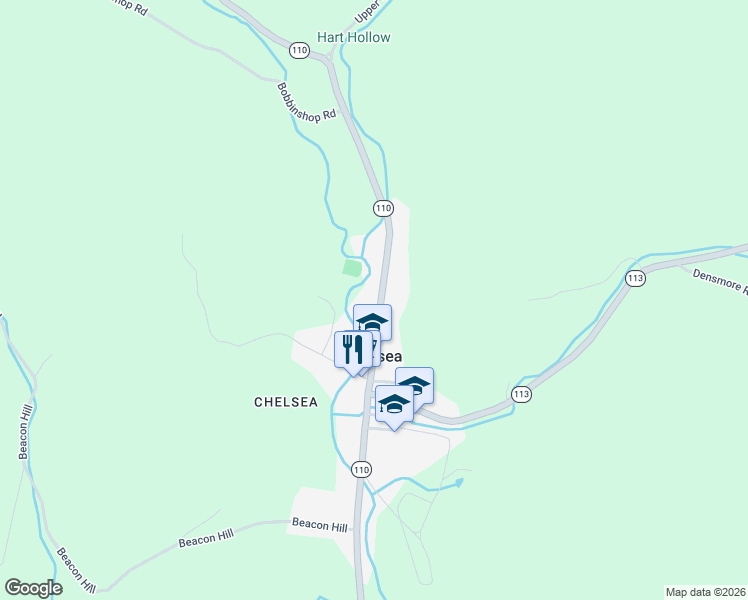 map of restaurants, bars, coffee shops, grocery stores, and more near 326 Vermont 110 in Chelsea