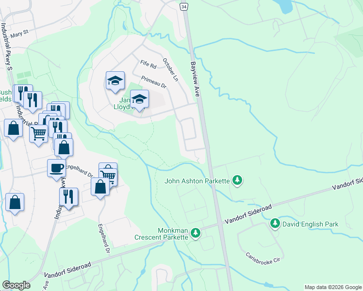 map of restaurants, bars, coffee shops, grocery stores, and more near 57 Strawbridge Farm Drive in Aurora