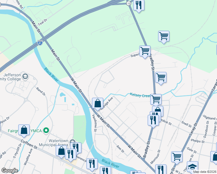 map of restaurants, bars, coffee shops, grocery stores, and more near 1204 Superior Street in Watertown