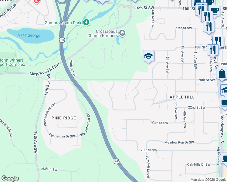 map of restaurants, bars, coffee shops, grocery stores, and more near 1080 Forest Hills Drive Southwest in Rochester