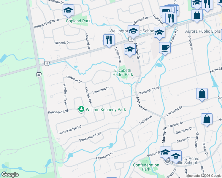 map of restaurants, bars, coffee shops, grocery stores, and more near 38 Lensmith Drive in Aurora