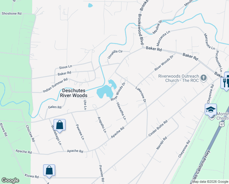 map of restaurants, bars, coffee shops, grocery stores, and more near 19434 River Woods Drive in Bend