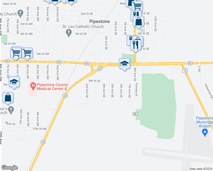map of restaurants, bars, coffee shops, grocery stores, and more near 801 4th Avenue Southeast in Pipestone