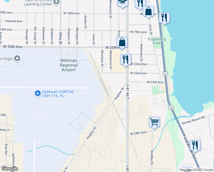 map of restaurants, bars, coffee shops, grocery stores, and more near 540 East Perimeter Road in Oshkosh