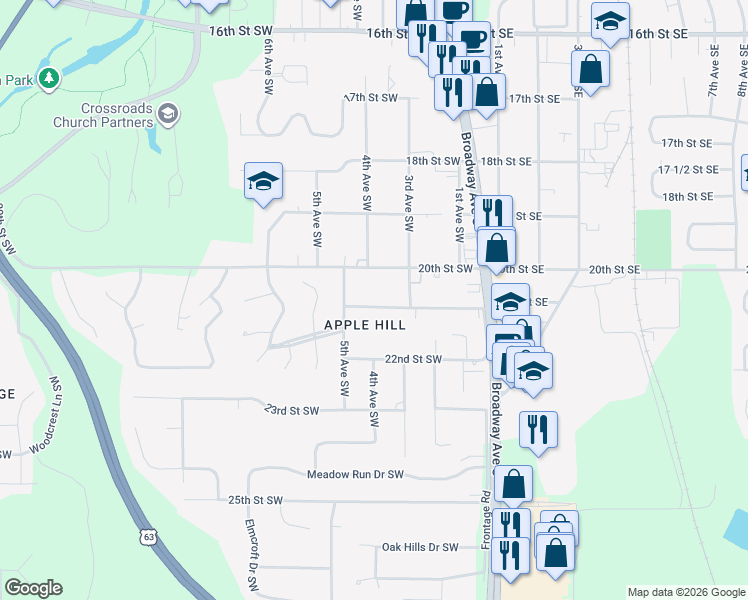 map of restaurants, bars, coffee shops, grocery stores, and more near 405 21st Street Southwest in Rochester